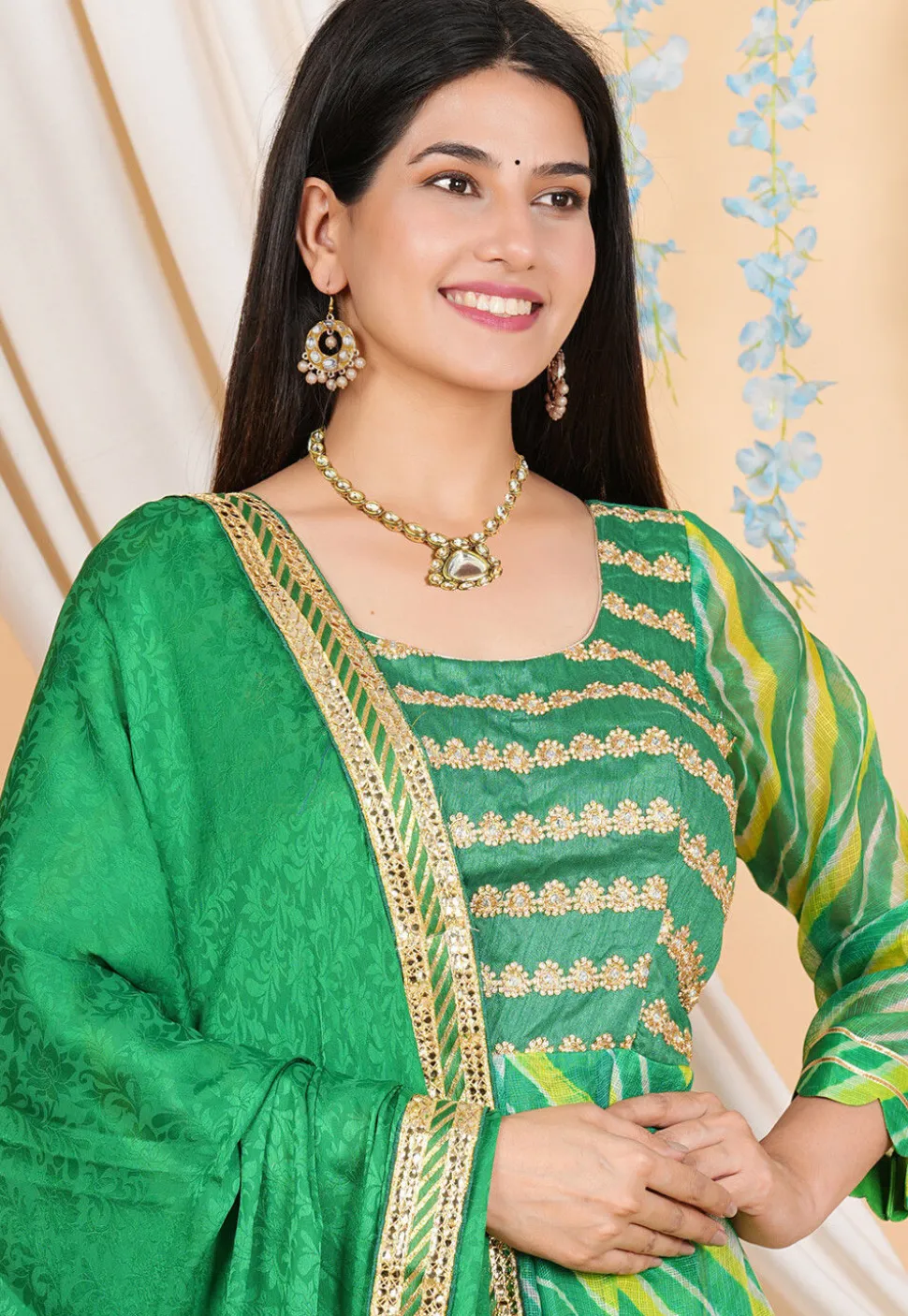 Leheriya PrintedPure Kota Silk Anarkali Suit in Green