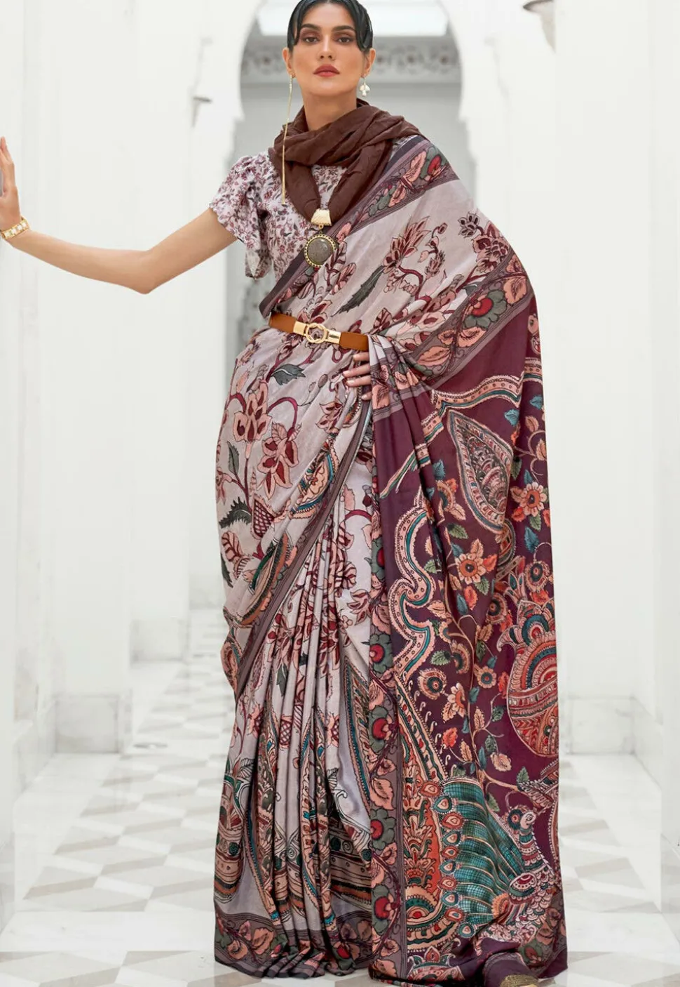 Madhubani Printed Crepe Saree in Light Grey and Wine