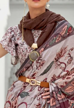 Madhubani Printed Crepe Saree in Light Grey and Wine