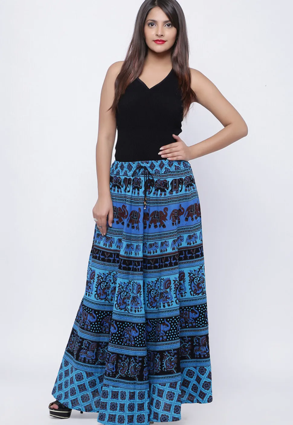 Mandala Printed Pure Cotton Skirt in Blue
