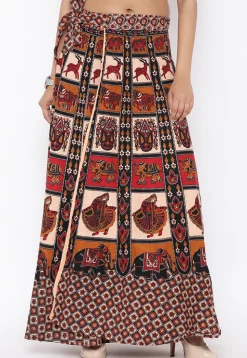 Mandala Printed Pure Cotton Wrap Around Skirt in Light Beige and Red