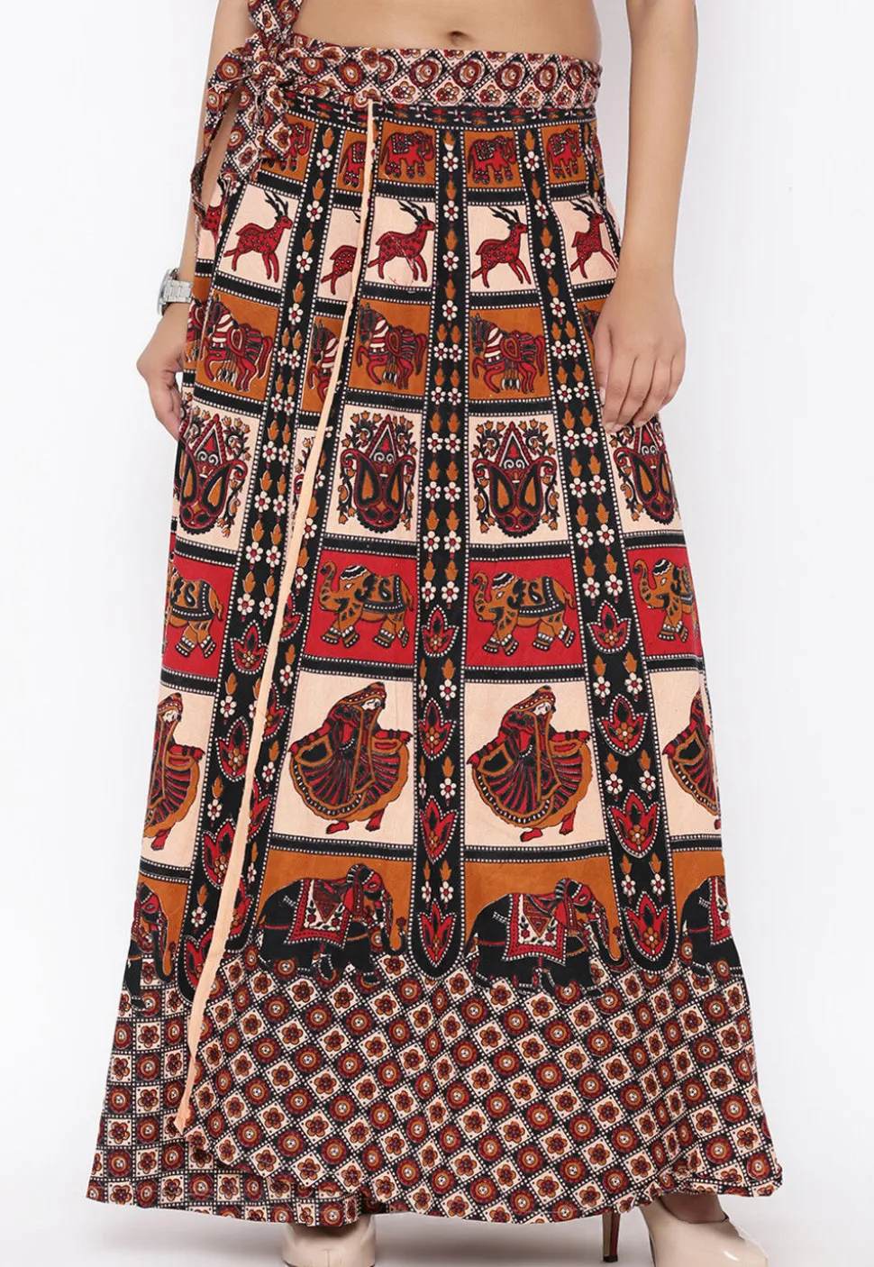 Mandala Printed Pure Cotton Wrap Around Skirt in Light Beige and Red
