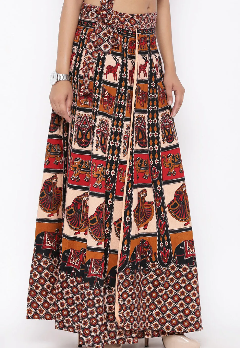 Mandala Printed Pure Cotton Wrap Around Skirt in Light Beige and Red