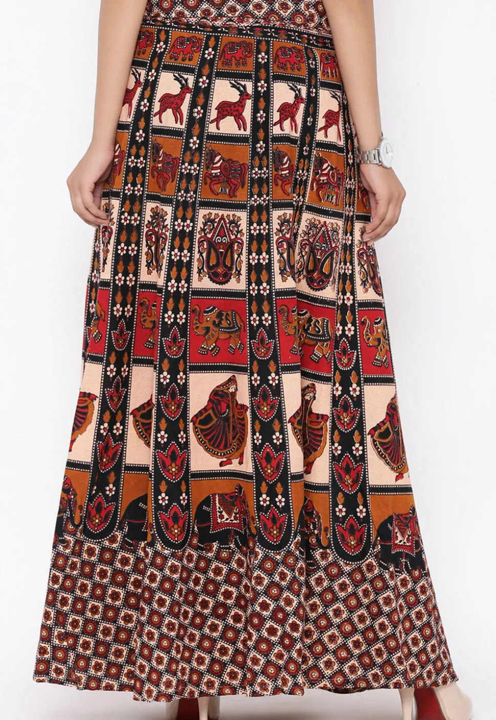 Mandala Printed Pure Cotton Wrap Around Skirt in Light Beige and Red