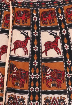 Mandala Printed Pure Cotton Wrap Around Skirt in Light Beige and Red