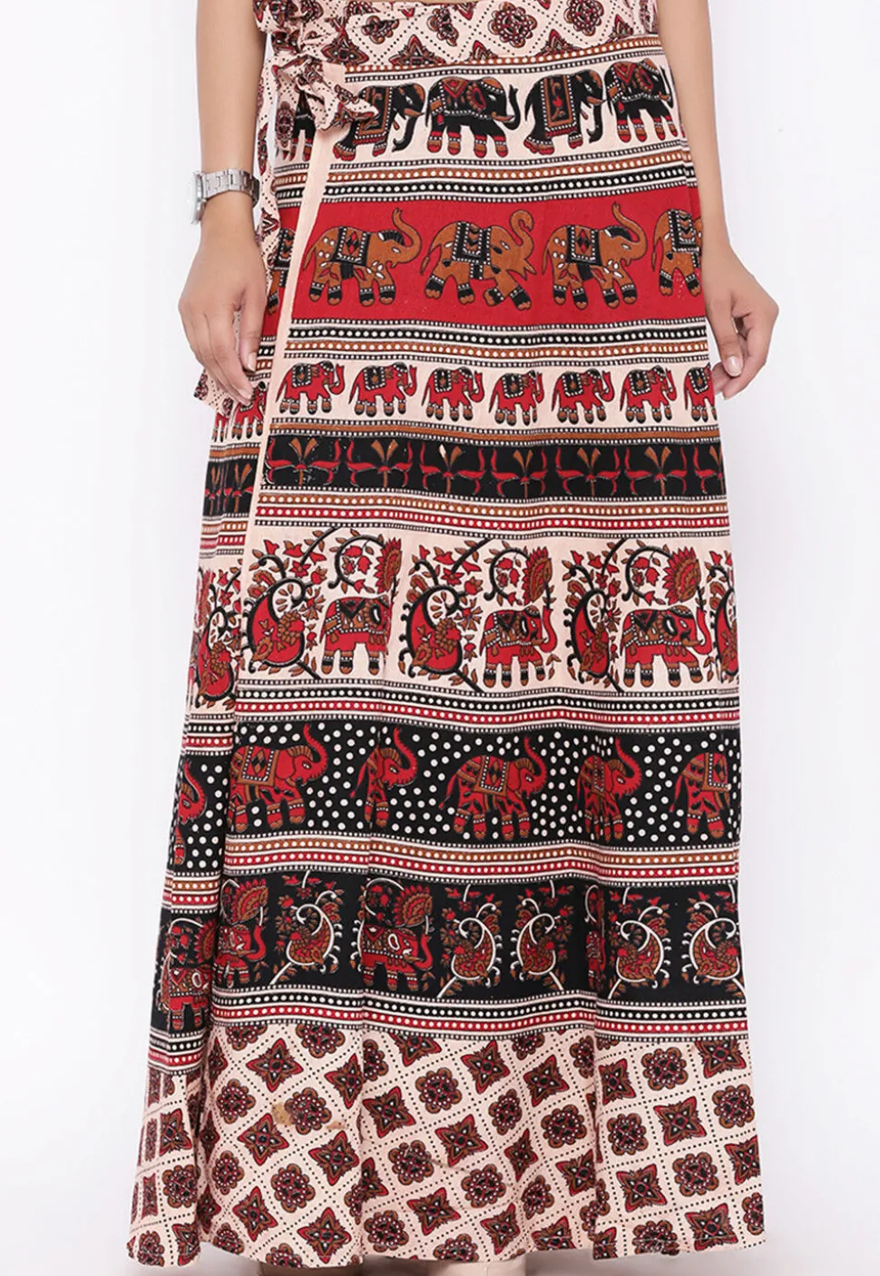 Mandala Printed Pure Cotton Wrap Around Skirt in Light Beige and Black