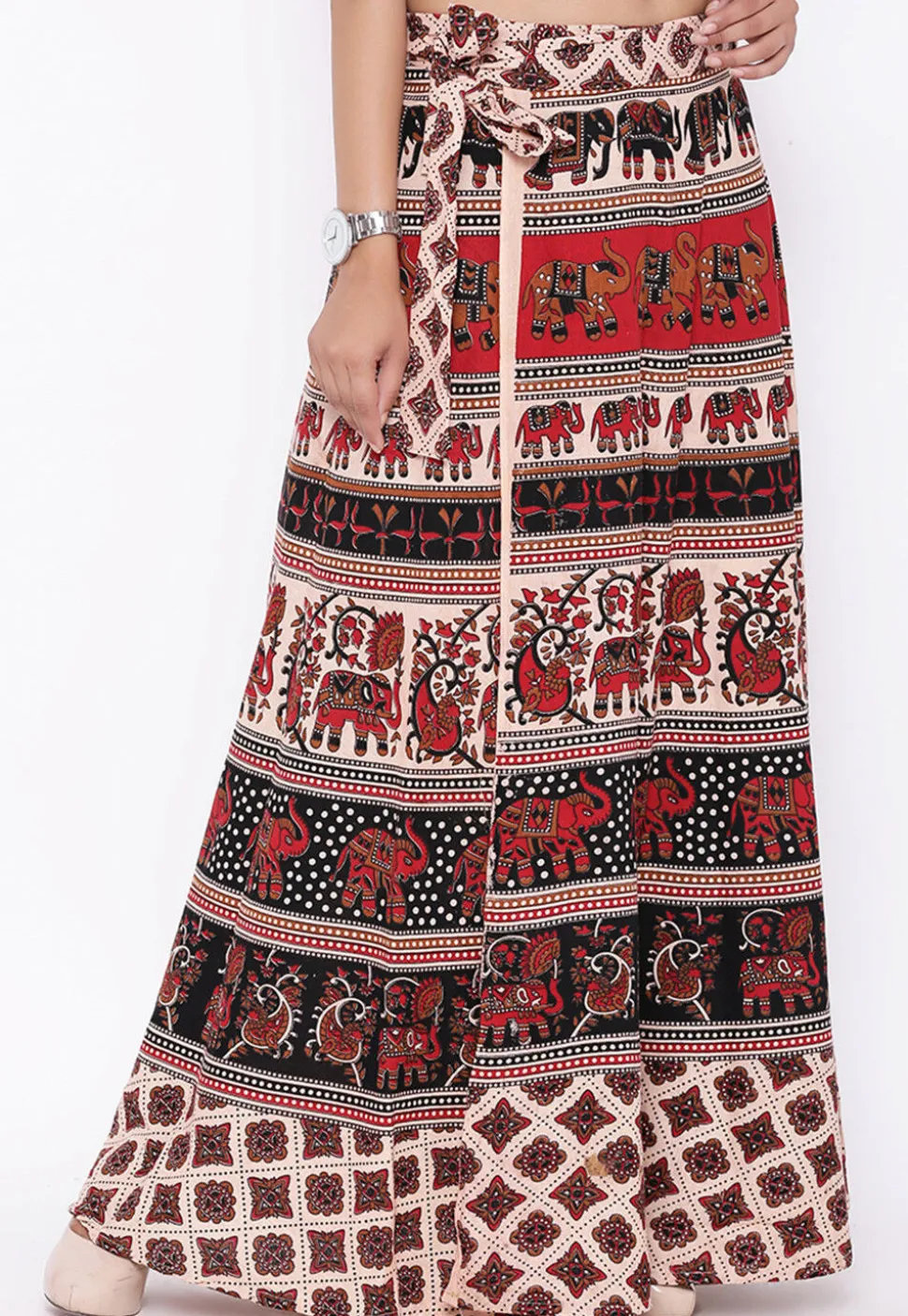 Mandala Printed Pure Cotton Wrap Around Skirt in Light Beige and Black