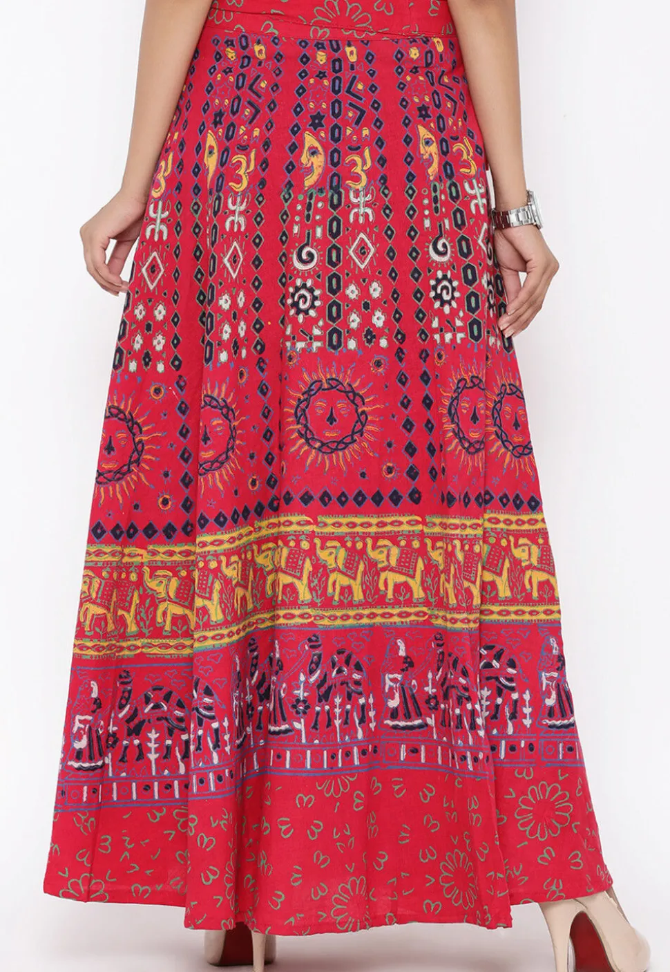 Mandala Printed Pure Cotton Wrap Around Skirt in Red