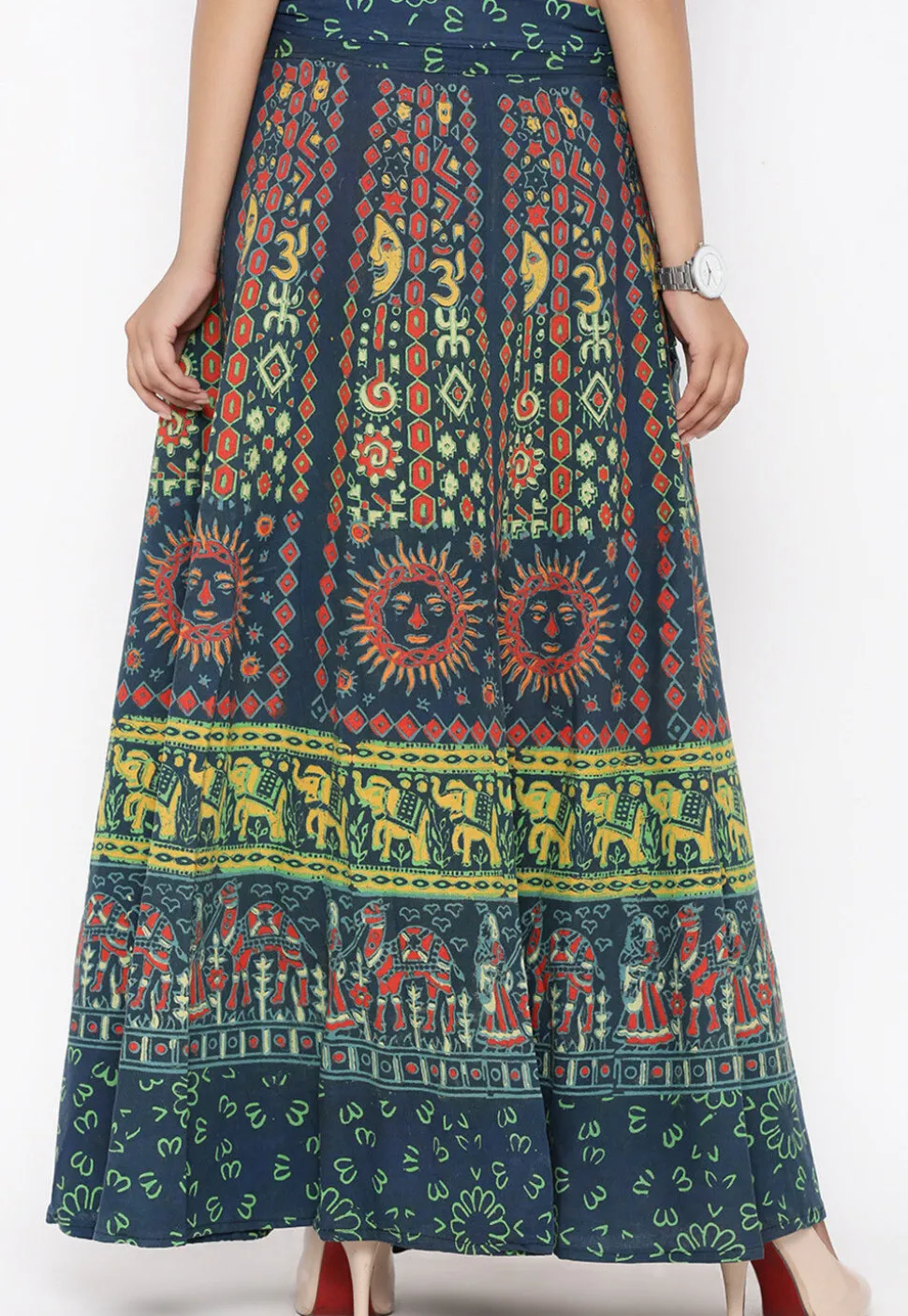 Mandala Printed Pure Cotton Wrap Around Skirt in Teal Blue