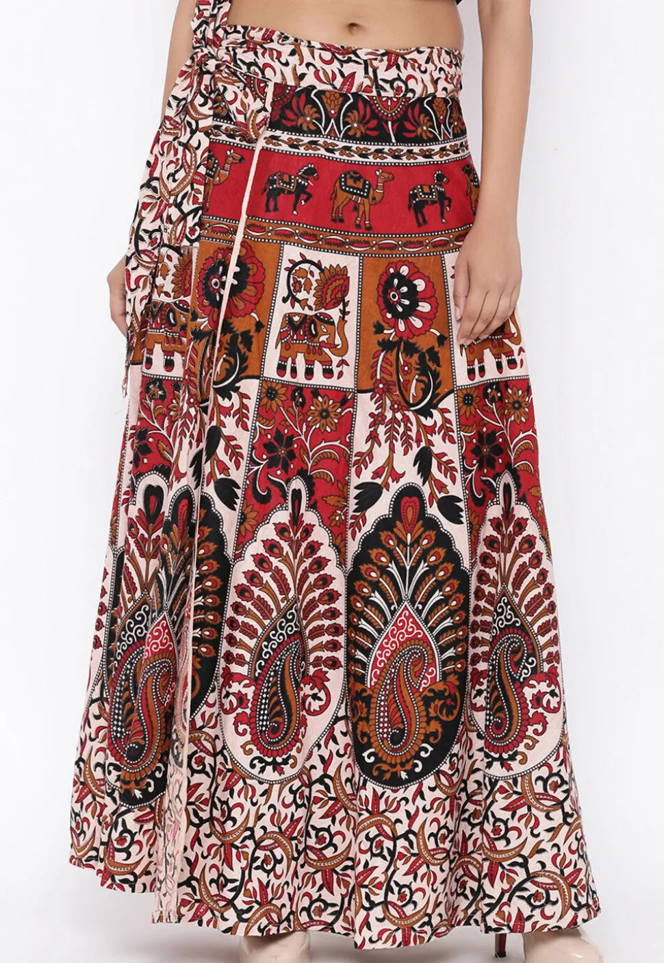 Mandala Printed Pure Cotton Wrap Around Skirt in Light Beige and Red
