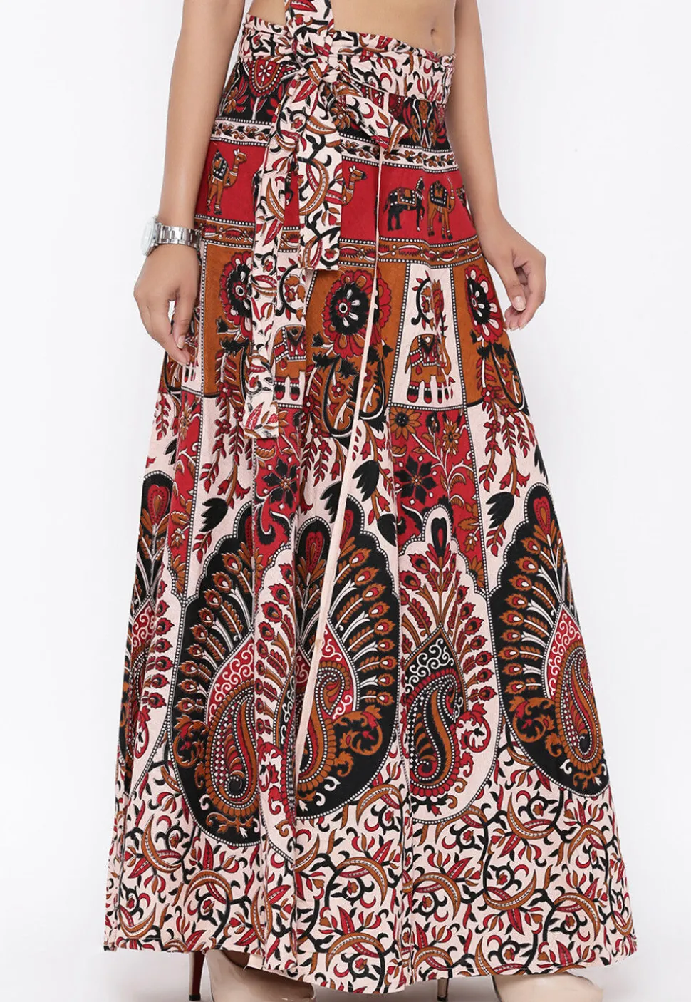 Mandala Printed Pure Cotton Wrap Around Skirt in Light Beige and Red