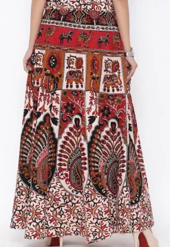 Mandala Printed Pure Cotton Wrap Around Skirt in Light Beige and Red