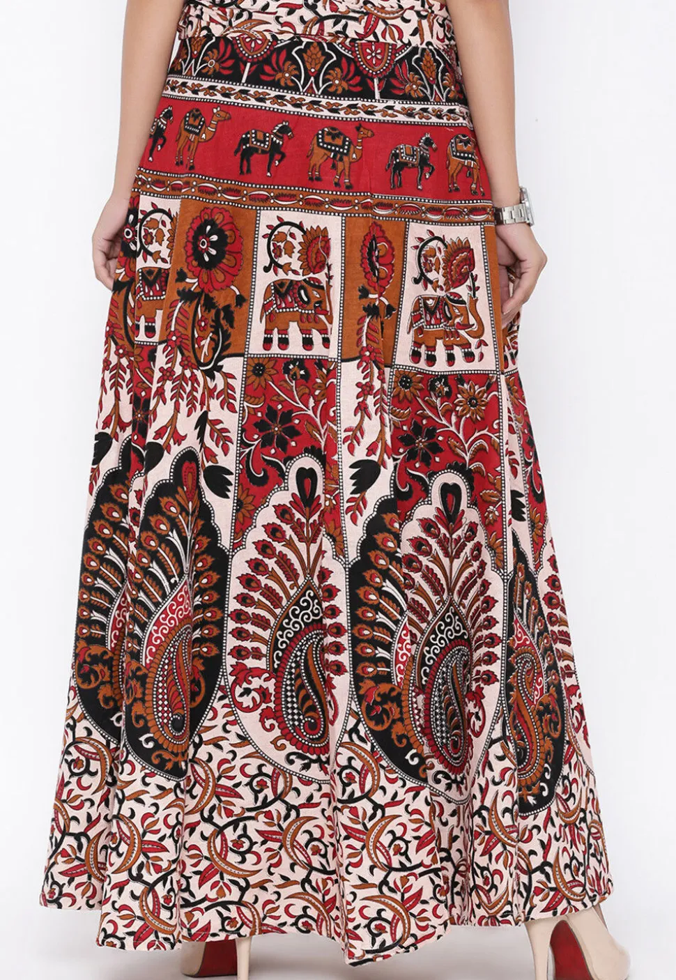 Mandala Printed Pure Cotton Wrap Around Skirt in Light Beige and Red