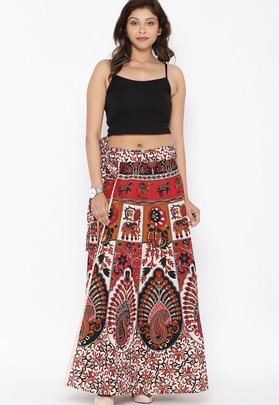 Mandala Printed Pure Cotton Wrap Around Skirt in Light Beige and Red