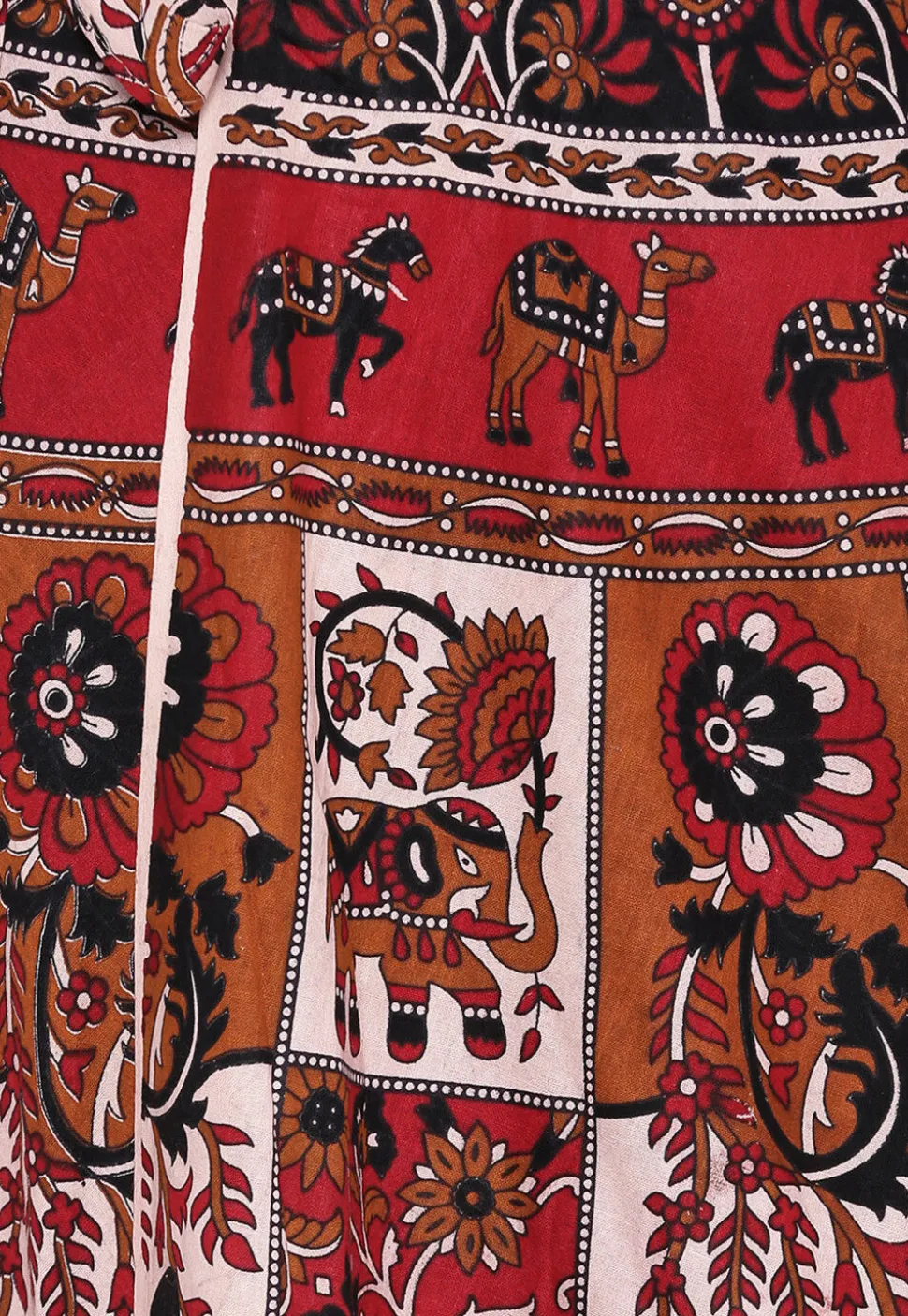 Mandala Printed Pure Cotton Wrap Around Skirt in Light Beige and Red