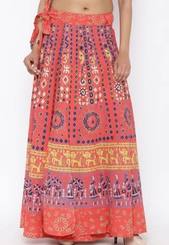 Mandala Printed Pure Cotton Wrap Around Skirt in Orange