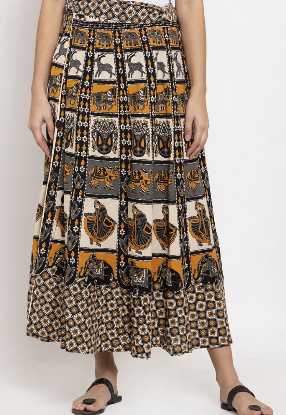 Mandala Printed Pure Cotton Wrap Around Skirt in Light Beige and Grey