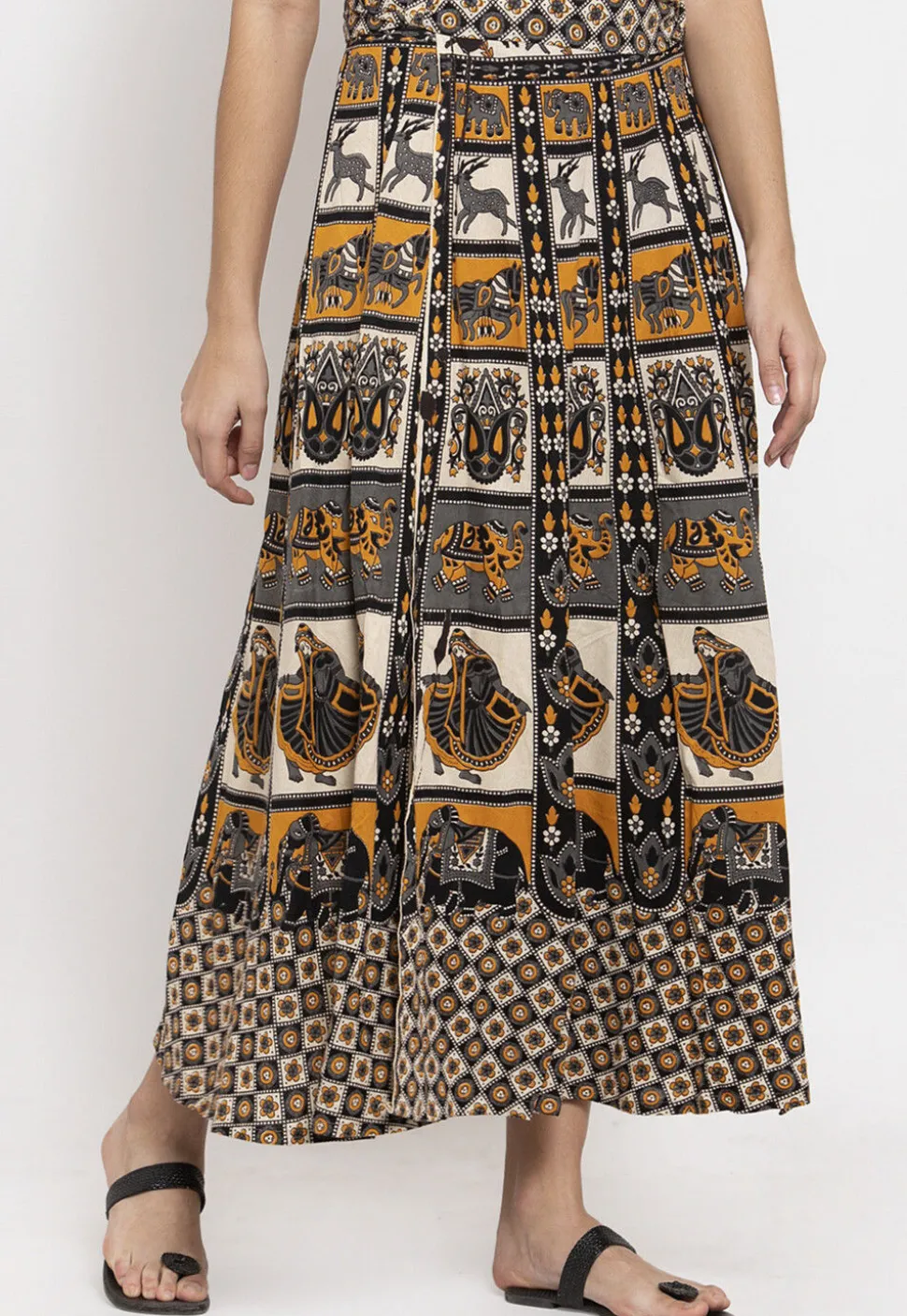 Mandala Printed Pure Cotton Wrap Around Skirt in Light Beige and Grey