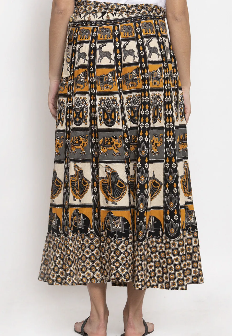 Mandala Printed Pure Cotton Wrap Around Skirt in Light Beige and Grey