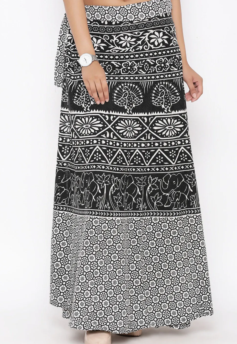 Mandala Printed Pure Cotton Wrap Around Skirt in Black