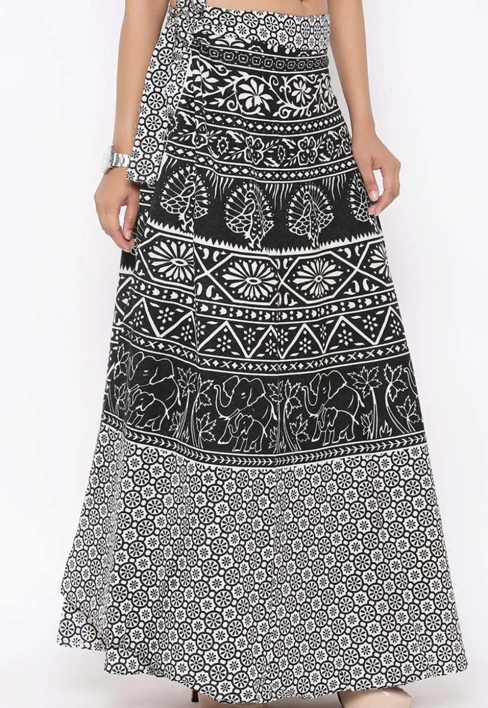Mandala Printed Pure Cotton Wrap Around Skirt in Black