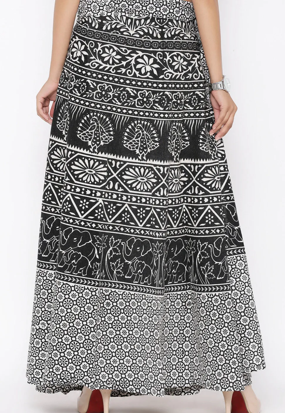 Mandala Printed Pure Cotton Wrap Around Skirt in Black