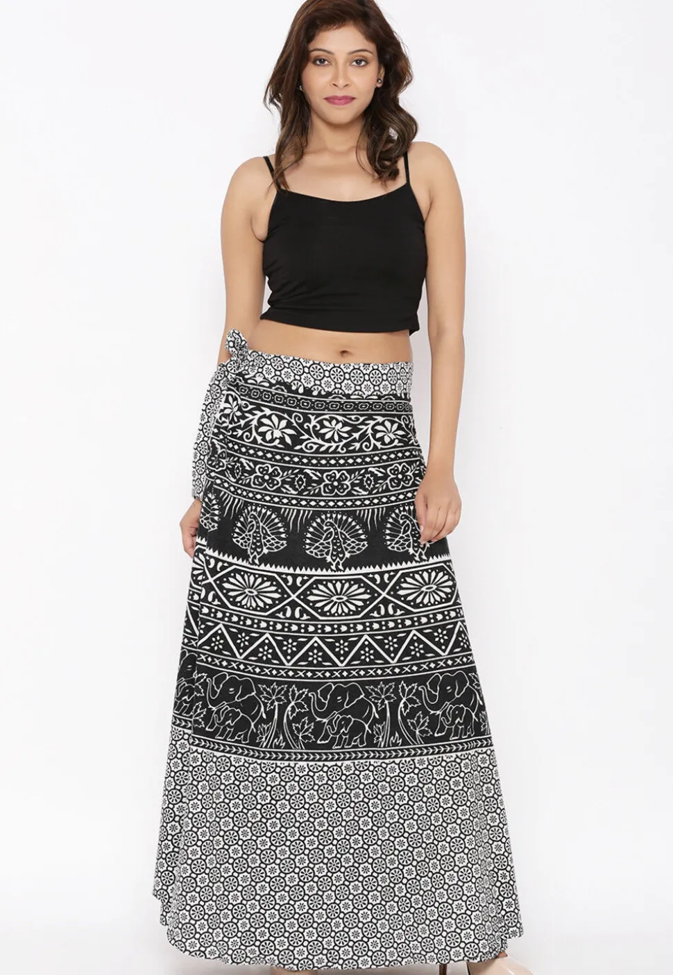 Mandala Printed Pure Cotton Wrap Around Skirt in Black