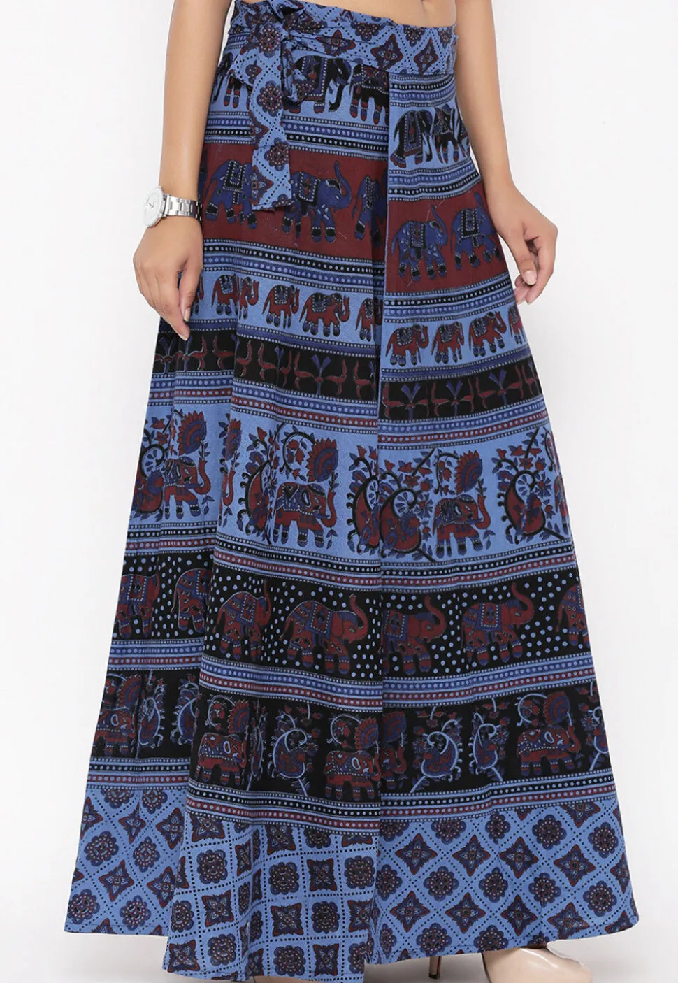 Mandala Printed Pure Cotton Wrap Around Skirt in Blue