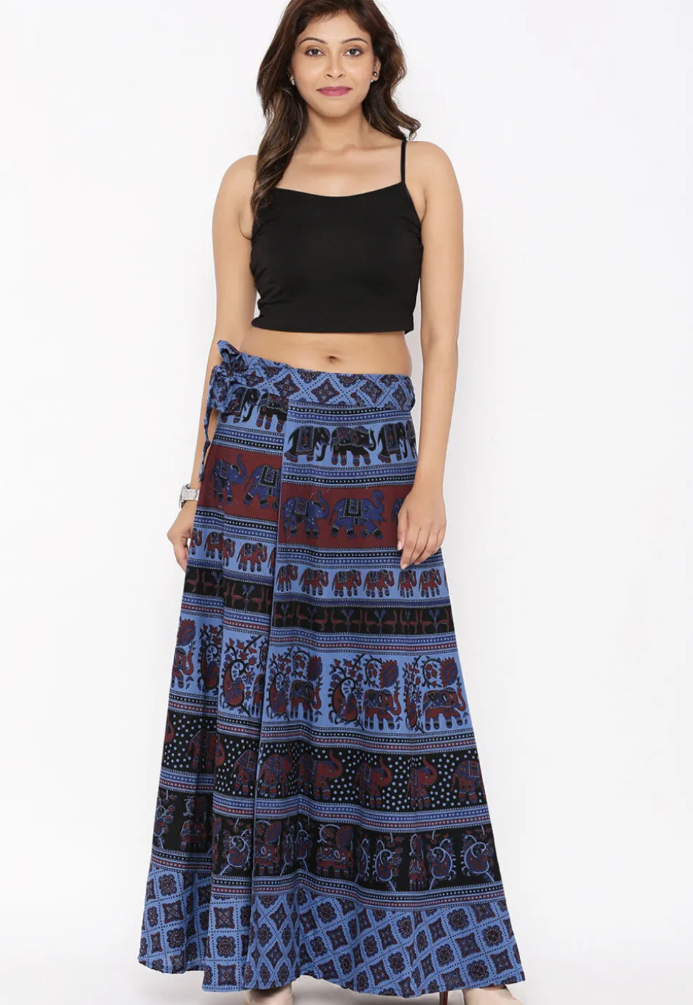 Mandala Printed Pure Cotton Wrap Around Skirt in Blue
