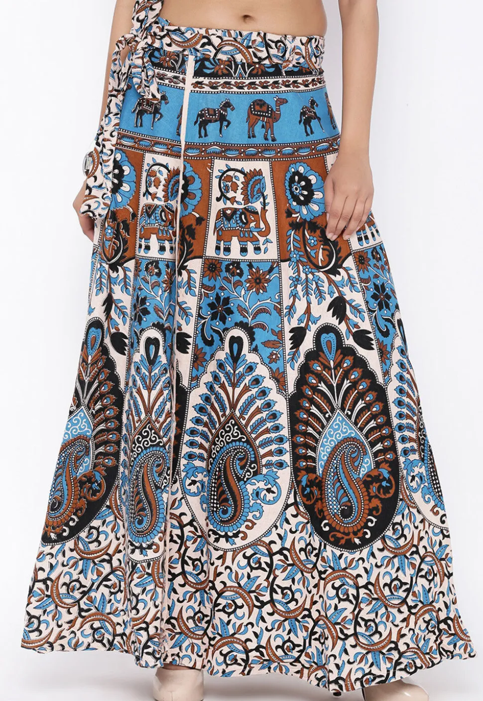 Mandala Printed Pure Cotton Wrap Around Skirt in Light Beige and Blue