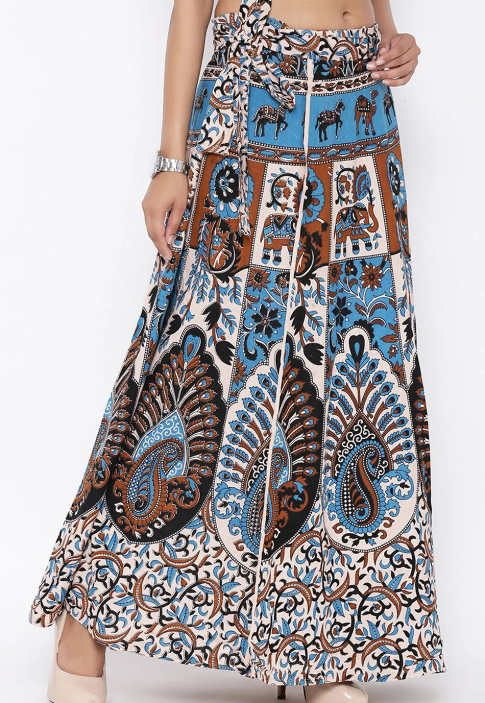 Mandala Printed Pure Cotton Wrap Around Skirt in Light Beige and Blue