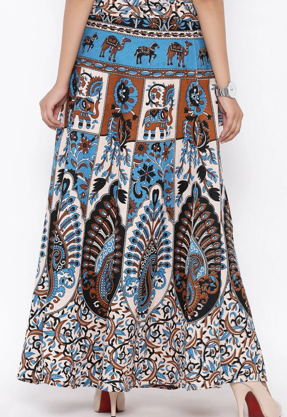 Mandala Printed Pure Cotton Wrap Around Skirt in Light Beige and Blue