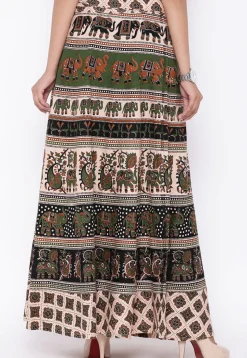 Mandala Printed Pure Cotton Wrap Around Skirt in Light Beige and Black