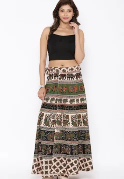 Mandala Printed Pure Cotton Wrap Around Skirt in Light Beige and Black