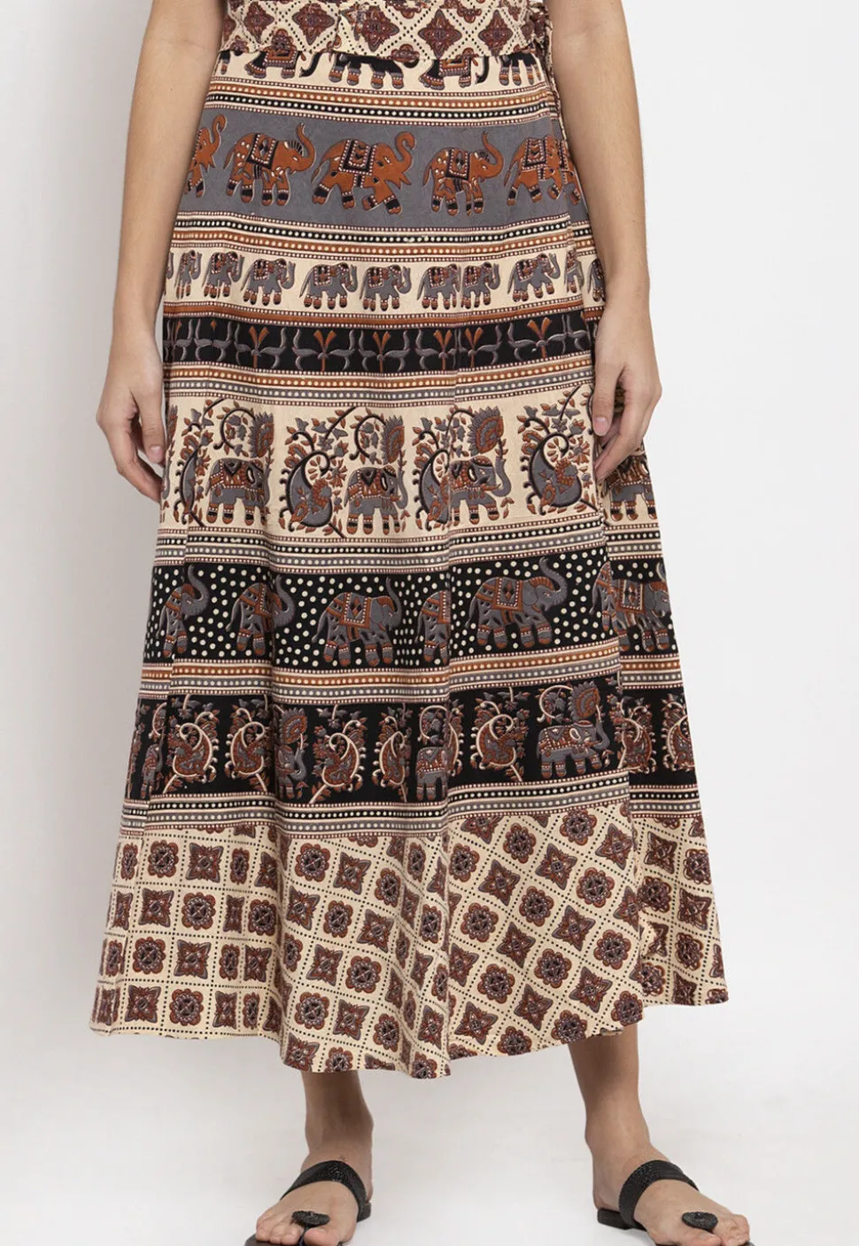 Mandala Printed Pure Cotton Wrap Around Skirt in Light Beige and Black
