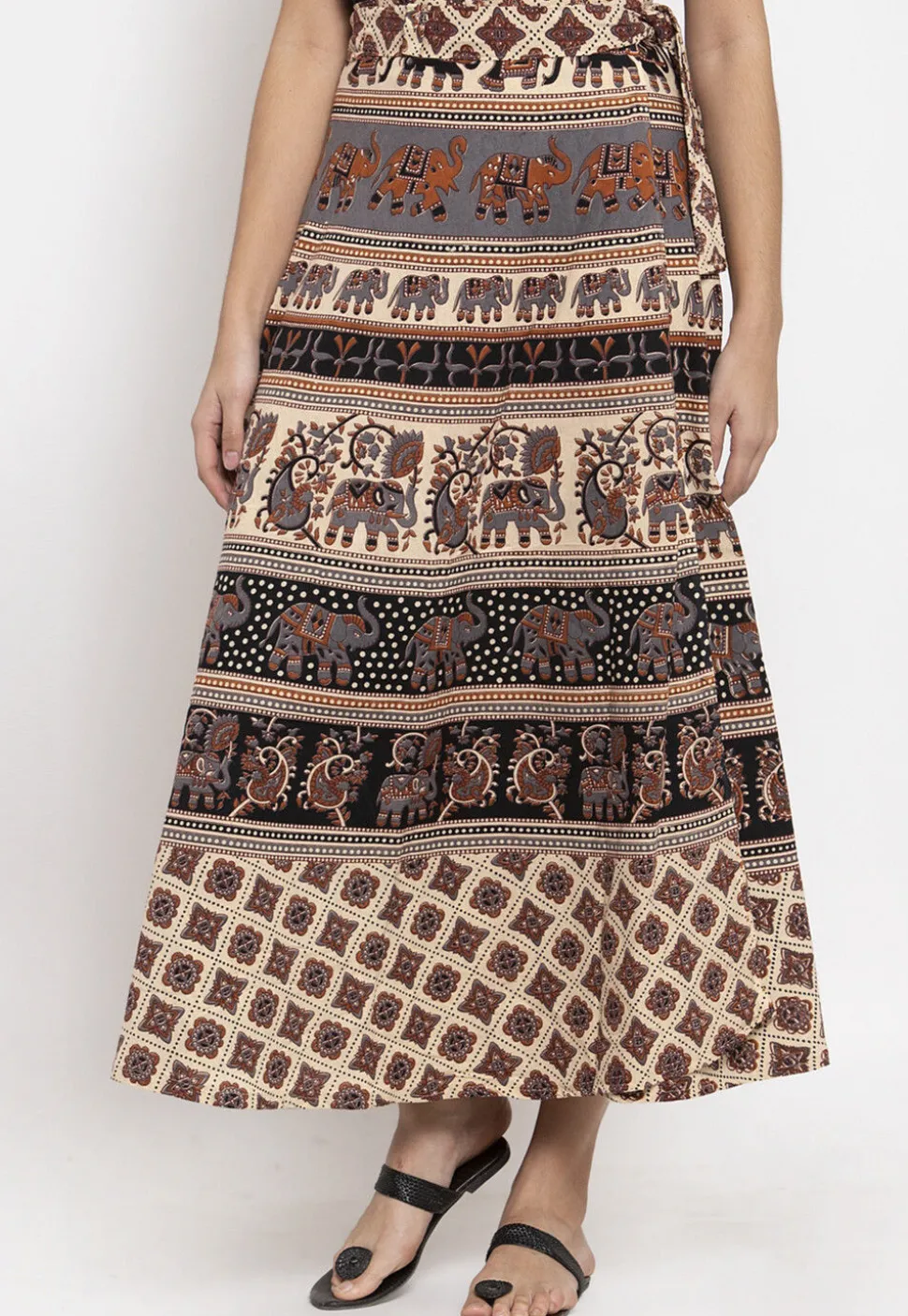 Mandala Printed Pure Cotton Wrap Around Skirt in Light Beige and Black