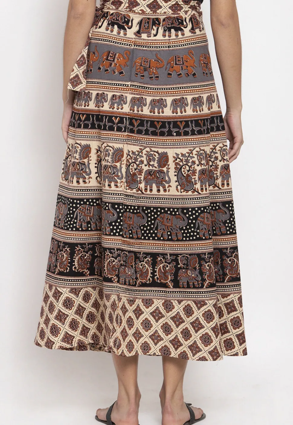 Mandala Printed Pure Cotton Wrap Around Skirt in Light Beige and Black
