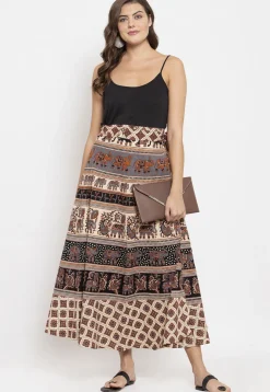 Mandala Printed Pure Cotton Wrap Around Skirt in Light Beige and Black