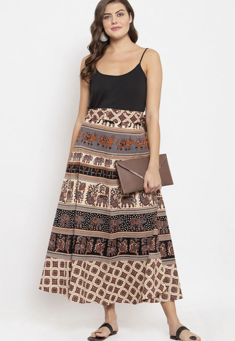 Mandala Printed Pure Cotton Wrap Around Skirt in Light Beige and Black