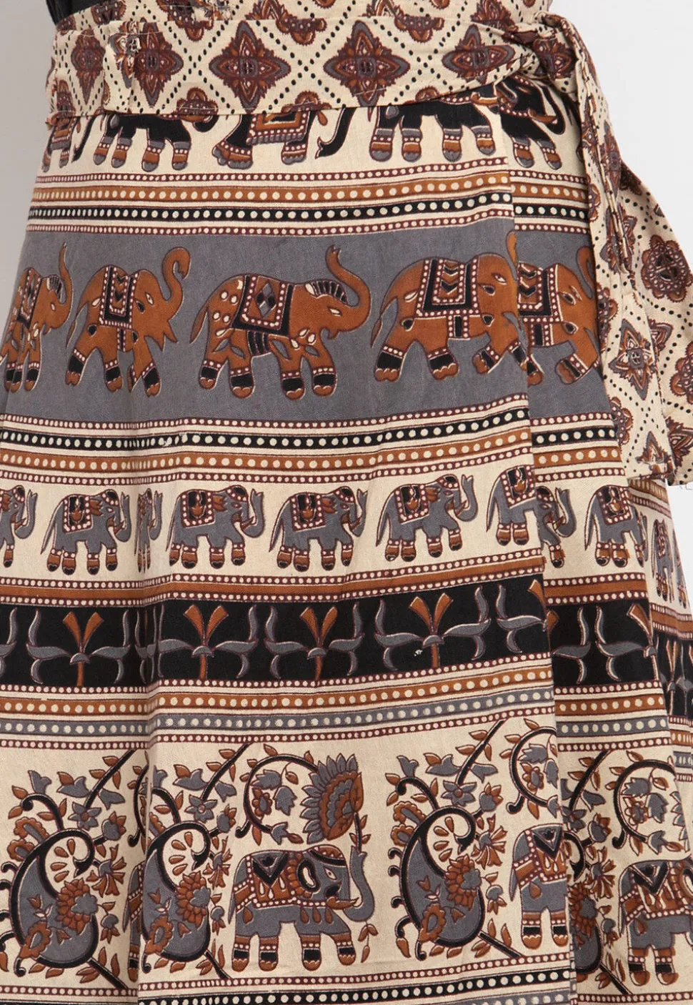 Mandala Printed Pure Cotton Wrap Around Skirt in Light Beige and Black