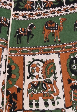 Mandala Printed Pure Cotton Wrap Around Skirt in Light Beige and Green