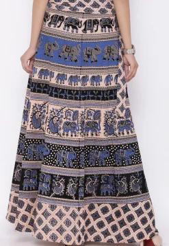 Mandala Printed Pure Cotton Wrap Around Skirt in Light Beige and Black