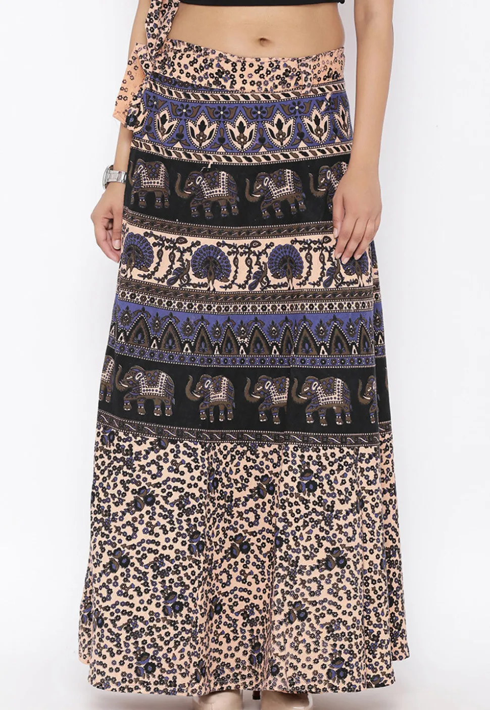 Mandala Printed Pure Cotton Wrap Around Skirt in Light Beige
