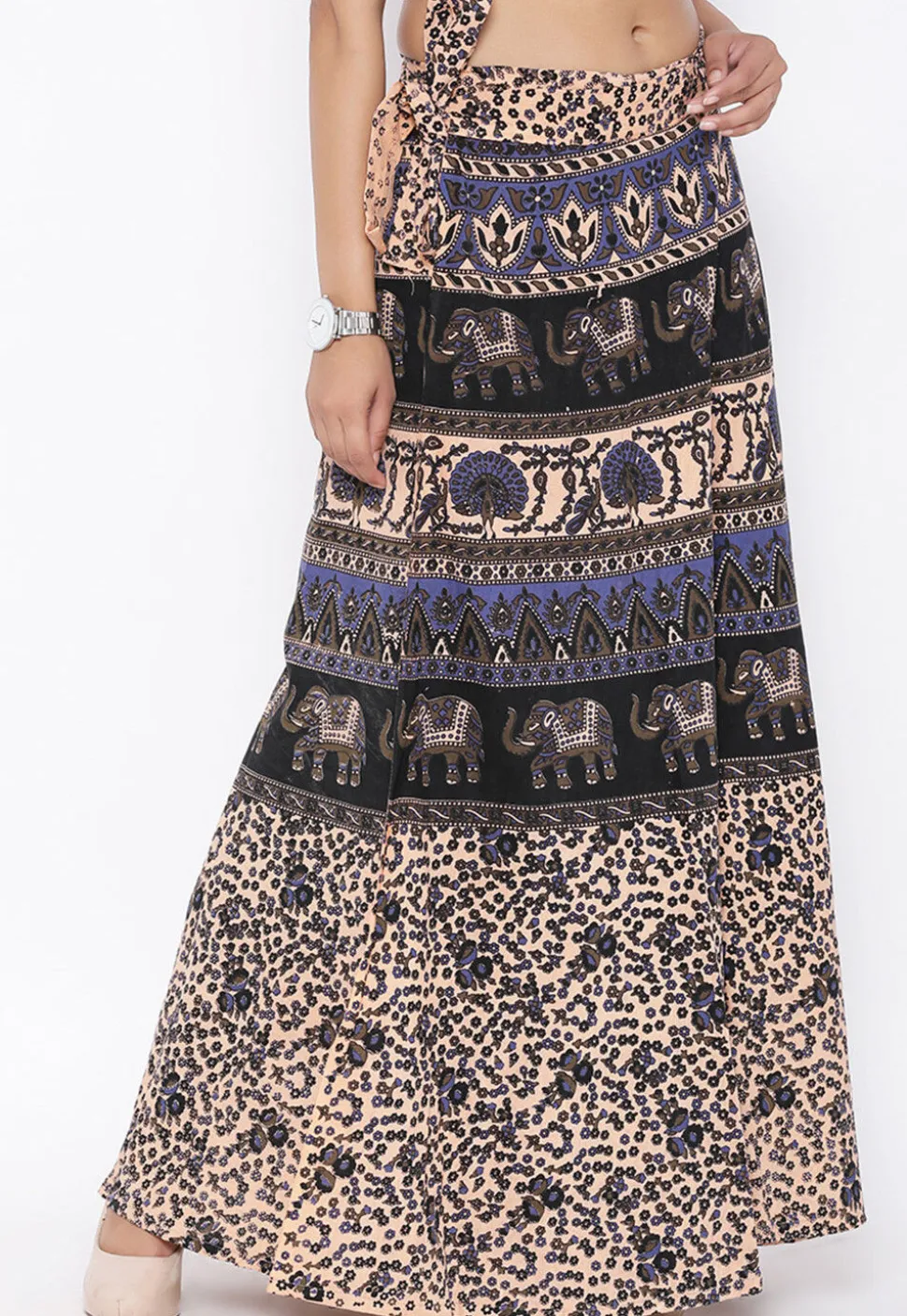 Mandala Printed Pure Cotton Wrap Around Skirt in Light Beige
