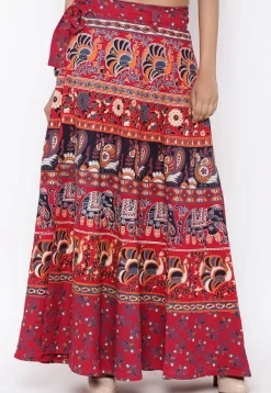 Mandala Printed Pure Cotton Wrap Around Skirt in Red