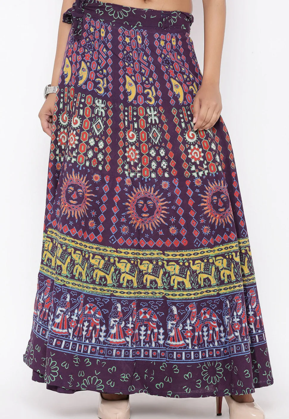 Mandala Printed Pure Cotton Wrap Around Skirt in Purple