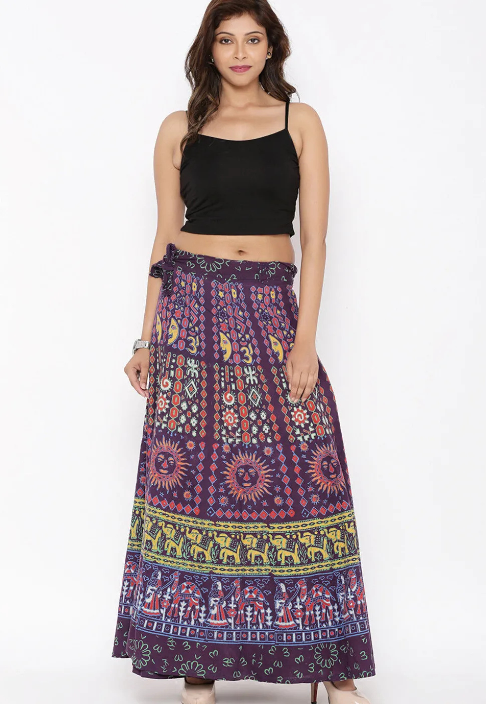 Mandala Printed Pure Cotton Wrap Around Skirt in Purple