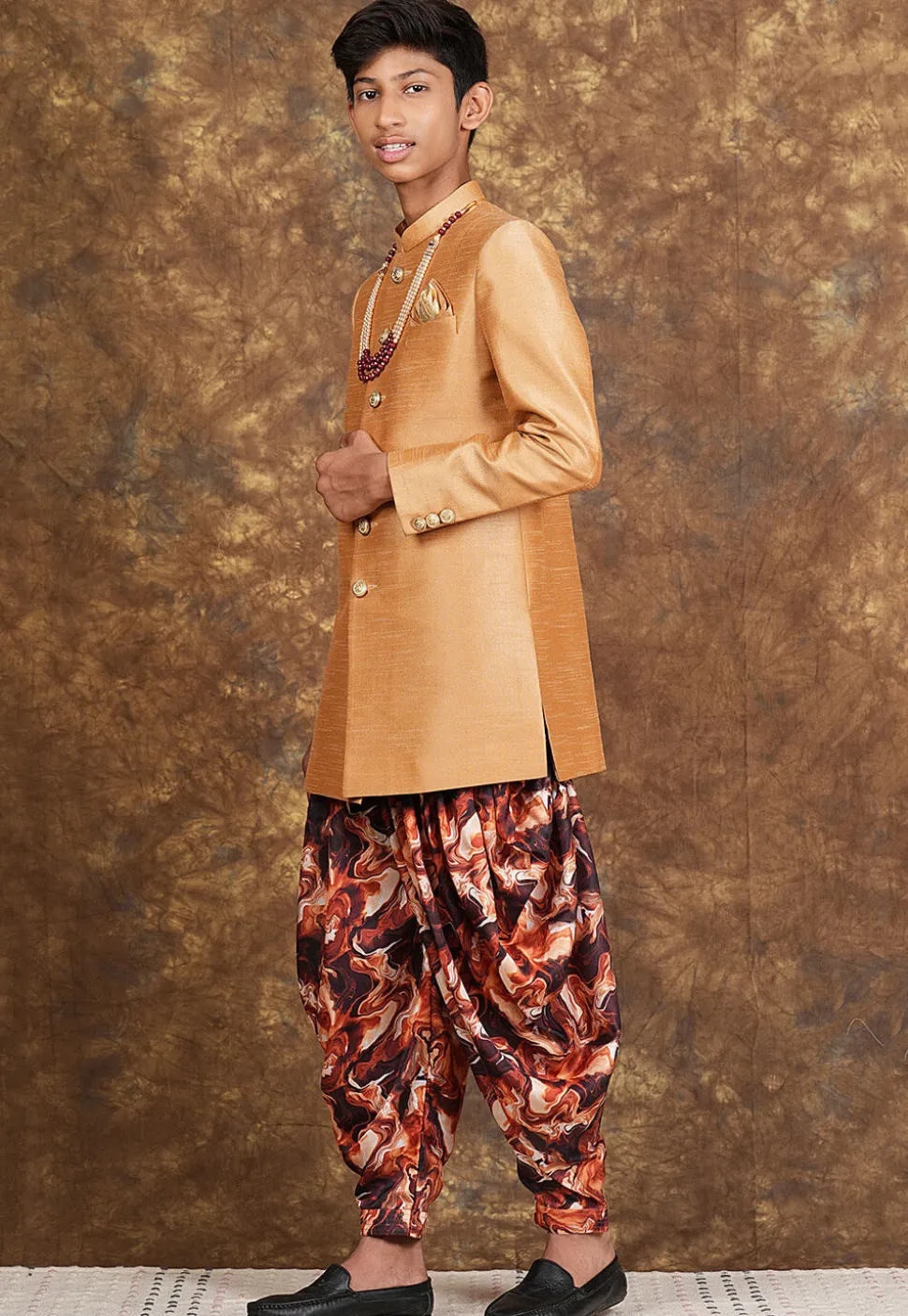 Marbel Printed Art Silk Sherwani in Beige