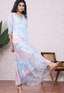 Marbel Printed Chiffon Abaya Style Suit in Light Blue and Pink