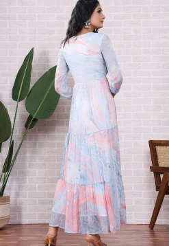 Marbel Printed Chiffon Abaya Style Suit in Light Blue and Pink